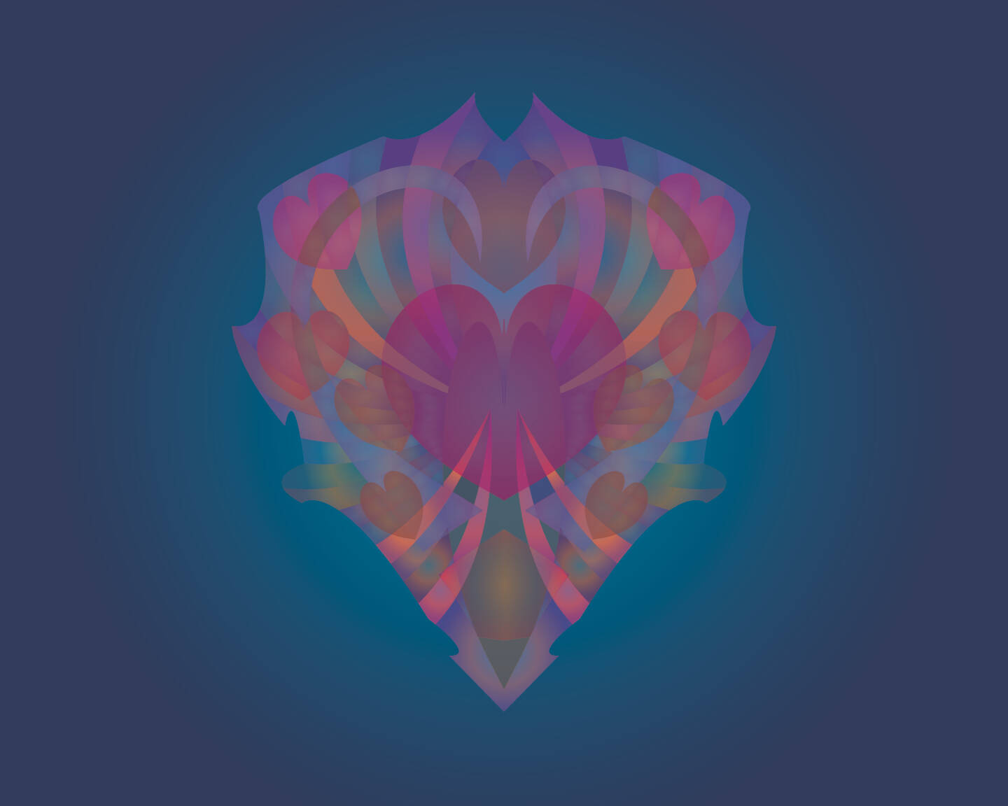 An abstract design on a dark blue background. The design is made up of ten hearts of various sizes, connected in a triangular pattern by lines in various shades of blue, green, pink and orange.